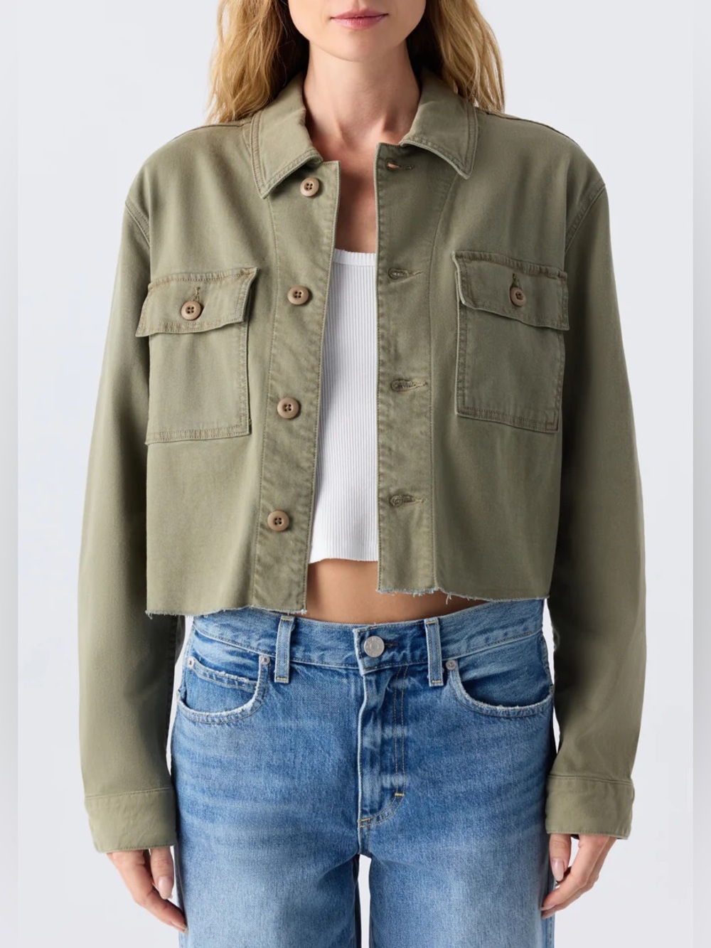 AMO Carly Surplus Green Raw Hem Cropped Utility Jacket NWT Size Medium